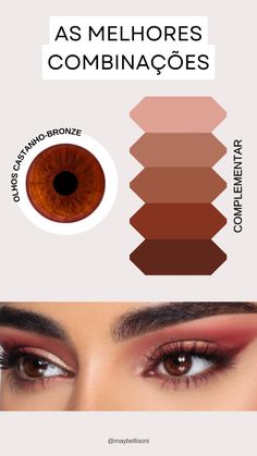 De acordo com a Teoria da Cores, especificamente as Cores Complementares, os tons de sombra que vão complementar a íris de quem tem olhos castanho-bronze são essas: 70s Make Up, Deep Winter Palette, Soft Autumn Color Palette, Classic Makeup, Makeup Pro, Cool Makeup Looks, Edgy Makeup, Fall Color Palette, Image Consultant