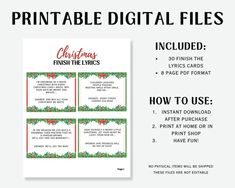 the printable christmas flash card is shown with instructions for how to use it and how to