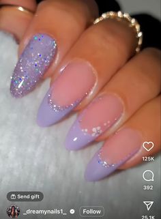 Purple Nail Tip Designs, Speak Now Nail Ideas, Purple And Clear Nails, Euphoria Themed Nails, Sparkly Nail Designs Glitter, Prom Nails For Purple Dress, Bday Nail Ideas, Nails For Sweet 16, Nails For 15 Birthday