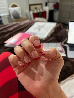 Red French With Diamonds, Dark Red French Tip Nails With Gems, Red Tip Nails With Rhinestones, Neon Red French Tip Nails, Red French Tip Nails Almond With Rhinestones, Red Glitter French Tip Nails Short, Red French With Pearls, Red French Tip Nails With Diamonds, Red French Tips With Rhinestones