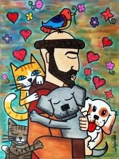 a painting of a man with cats and dogs on his shoulders, holding a dog