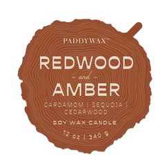 redwood wood and amber candle wax sticker on white background with text that reads redwoodwood and amber