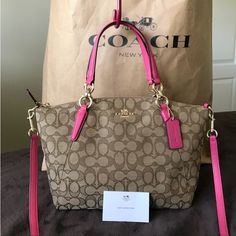 Pretty Pink Color Classic Signature Logo With Long Strap Size: Bottom 10- Top 13 *Higth 9 Inches Designer Coach Satchel, Coach Satchel For Errands, Coach Diaper Bag, Coach Parker, Brown Crossbody Bag, Black Wristlet, Bags Coach, Coach Crossbody Bag, Black Leather Bags