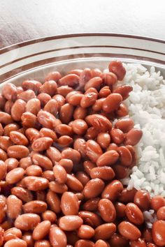 beans and rice in a bowl on a table