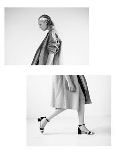 two images of a woman in black and white shoes, one is wearing a trench coat