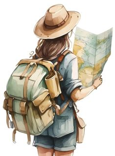 a woman with a backpack is looking at a map and holding it in her hands