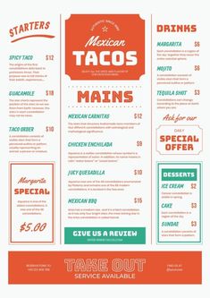 a menu for mexican tacos with prices on the front and back side, including $ 5