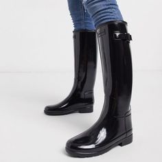 Pretty Much Unworn! Questions? Leave A Comment Below! Black Knee-high Rain Boots, Hunter Refined, Tall Rain Boots, Black Gloss, Hunter Shoes, Women Hunters, Pretty Much, Woman Colour, Rain Boots