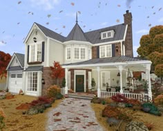 a large white house with lots of windows and fall leaves flying in the air around it