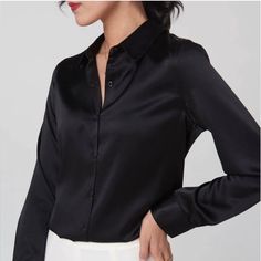 Black Satin Chiffon Button Up Shirt Long Sleeve Lightweight Faux Silk 20.5” Pit-Pit 29” Length Satin Bluse, Silk Button Up, Satin Long Sleeve, Collars For Women, Womens Long Sleeve Shirts, Blouse Fabric, Black Button, Office Ladies, Polished Look