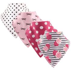 three bandanas with polka dots and roses on them, one in pink, the other in white