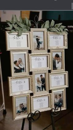 a wedding photo display with pictures and greenery on the top, in front of an easel