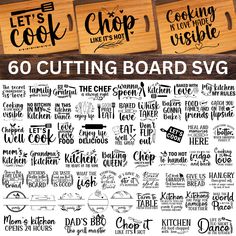 the cutting board svg bundle includes six different types of lettering, including words and numbers