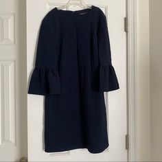 Zara Navy Dress With Bell Sleeves Brand New With Tags Size S Zara Pleated Dress For Work, Zara Blue Midi Dress For Work, Zara Pleated Dress For Workwear, Dress With Bell Sleeves, Bell Sleeve Dress, Navy Dress, Zara Dresses, Bell Sleeves, Color Blue