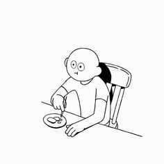 a black and white drawing of a person sitting at a table with a plate in front of him