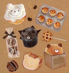 there are many items that can be seen here in this painting, including cupcakes and teddy bears