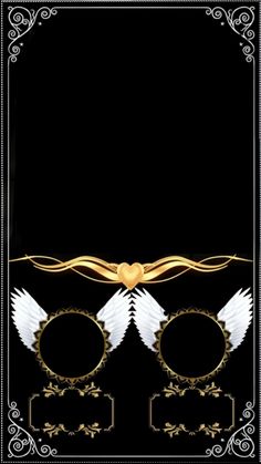 two white angel wings on a black background with gold border around the edges and hearts in the middle