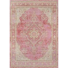 a pink and beige rug with an ornate design