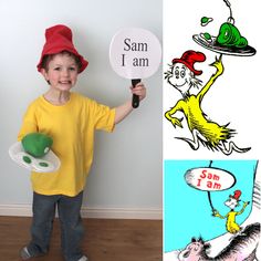 a child holding a sign with the words sam i am and an image of dr seuss