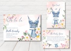 two wedding cards with clothes and flowers on them