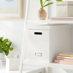 a white shelf with a plant and some books on it next to a bookcase