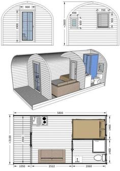 the floor plan for a tiny house with an attached bathroom and living area, as well as