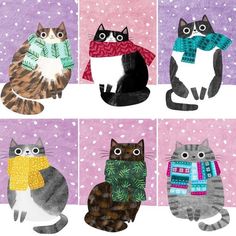 four cats wearing sweaters and scarves sitting in front of a snow covered background