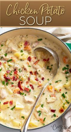 chicken potato soup in a pot with bits of bacon and potato and chicken Chicken Potato Soup, Chicken Potato, Comfort Soup Recipes, Comfort Soup, Delicious Soup Recipes, Potato Soup Recipe, Chicken Potatoes, Soup Dinner