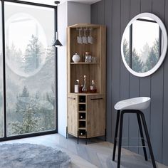 a room with a chair, table and shelves in it that have wine glasses on them