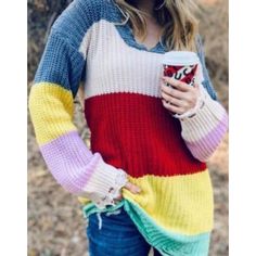 Rainbow Color Block Distressed Knit Pullover Tunic Sweater Oversized fit Oversized Knitted Acrylic Tops, Trendy Multicolor Sweater For Layering, Multicolor Long Sleeve Casual Sweater, Trendy Multicolor Winter Top, Trendy Crew Neck Tops For Cold Weather, Casual Multicolor Long Sleeve Sweater, Trendy Acrylic Tops For Cold Weather, Multicolor Soft Knit Crew Neck Sweater, Multicolor Crew Neck Soft Knit Sweater