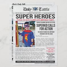 the front page of a newspaper with a photo of a young boy wearing a superman costume