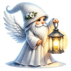 an angel holding a lantern with wings and a flower in it's hair, wearing a white outfit