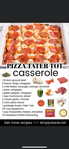 a poster with instructions for how to make a pizza tater tot casserole