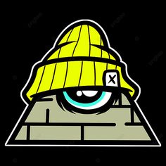 an eye wearing a yellow hat on top of a black background, cartoon, character png and psd