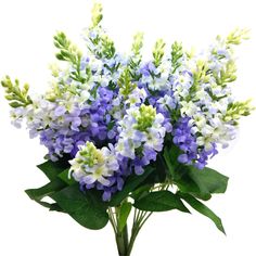 a vase filled with purple and white flowers