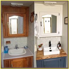 two pictures side by side one has a sink and the other has a mirror above it