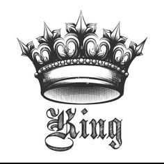 a black and white drawing of a crown with the word king on it's side