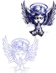 two drawings of an angel with blue hair and hands on their chins, one is holding