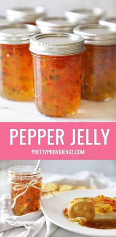 several jars filled with pickled peppers on top of a white plate next to a spoon