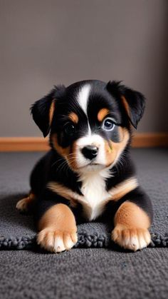 a black and brown puppy with blue eyes laying on the floor looking at the camera