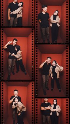 a couple posing for pictures in front of a red background