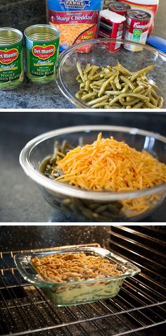 two pictures showing the process of cooking green beans and cheese in an oven with canned food inside