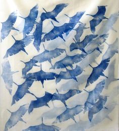 blue and white watercolor painting of birds flying in the sky