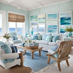 a living room filled with lots of furniture next to an ocean side wall mounted painting