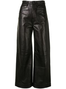 black nappa-leather belt loops front button fastening two side patch pockets two rear patch pockets cropped leg Leather Culottes, Cream Trousers, Culotte Pants, Top Design Fashion, Jean Trends, White Label, Proenza Schouler, Nappa Leather, Leather Fashion