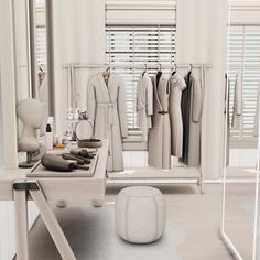 a dressing room with clothes and accessories on display