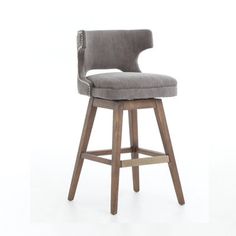 an upholstered bar stool with grey fabric and wooden legs, against a white background