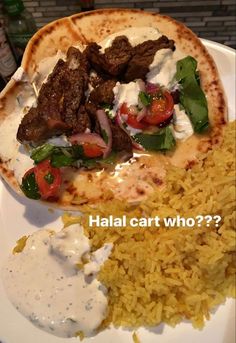 a plate with rice, meat and vegetables on it that says halal cart who?