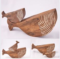 three different pictures of wooden carvings of fish