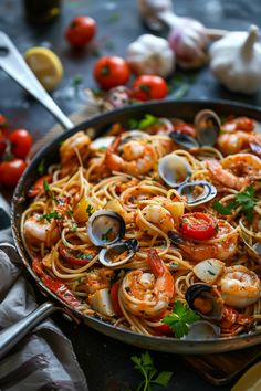 a skillet filled with shrimp, pasta and clams on a table next to tomatoes